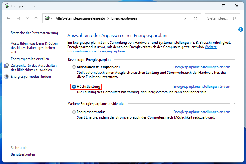 Auswahl der Energieoption Höchstleistung in der Systemsteuerung.