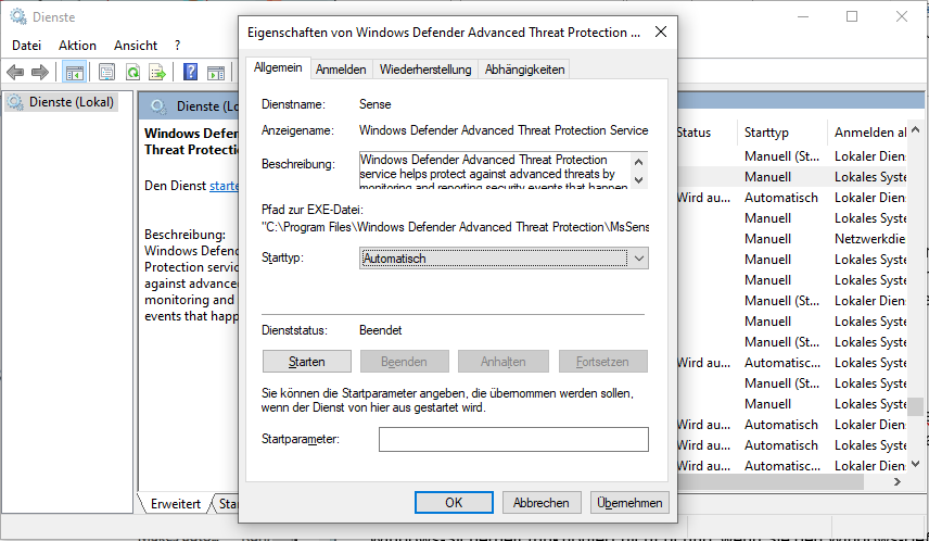 Aktivierung des Windows-Defender-Dienstes.