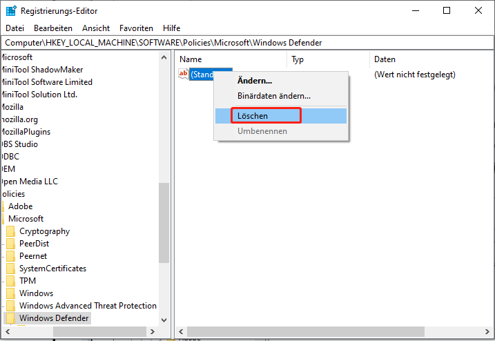 Löschung des Eintrags DisableAntiSpyware.