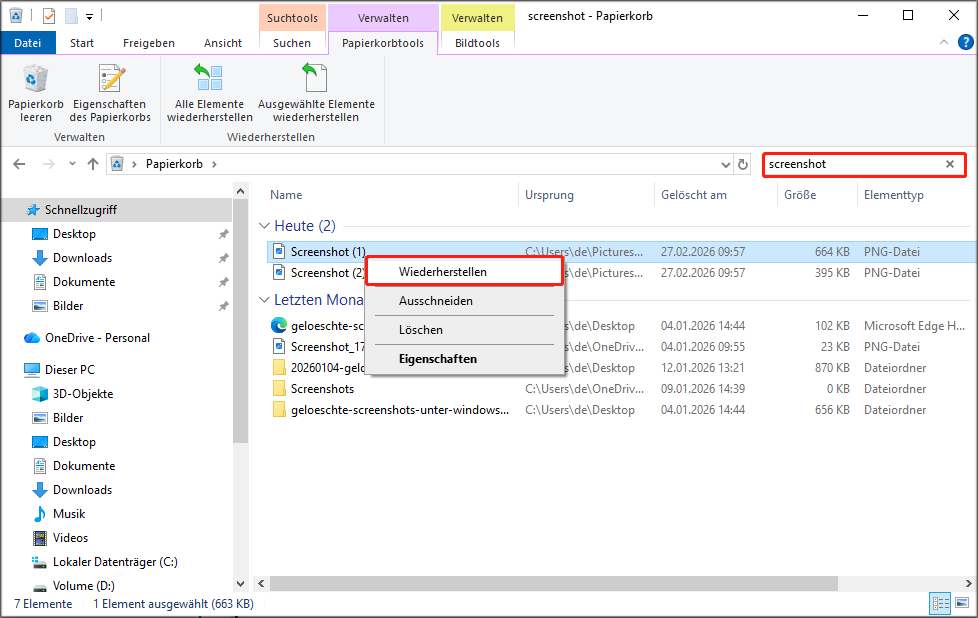 Wiederherstellen auswählen.