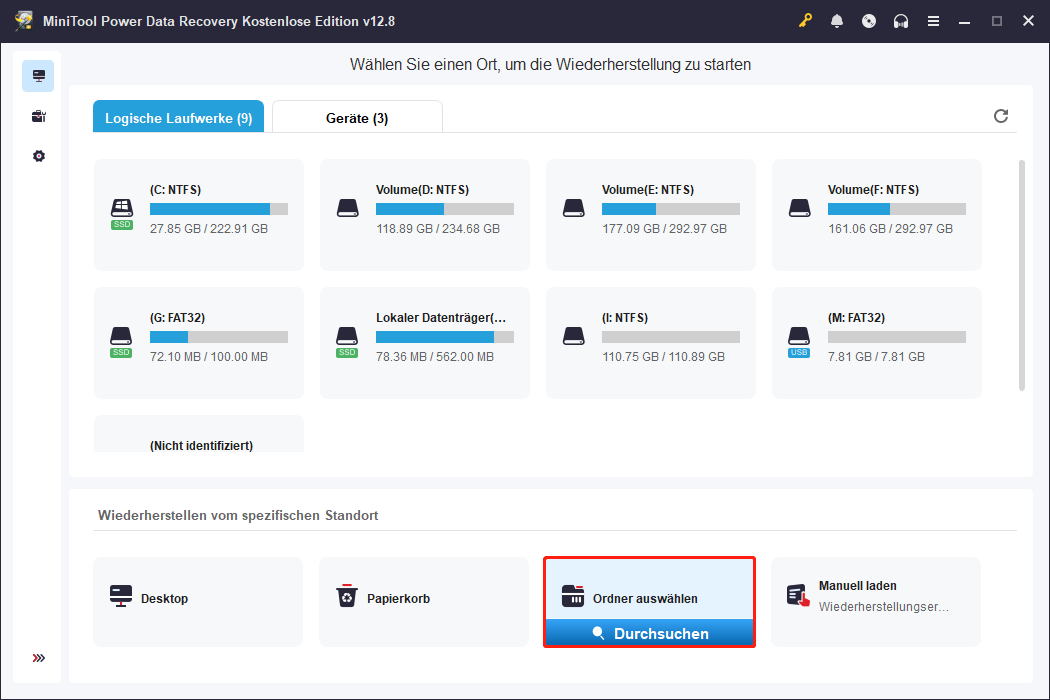Auf die Schaltfläche Durchsuchen klicken, um den Ordner Screenshots in MiniTool Power Data Recovery zu scannen.