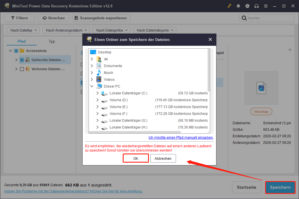 Die gewünschten Screenshots in MiniTool Power Data Recovery speichern.
