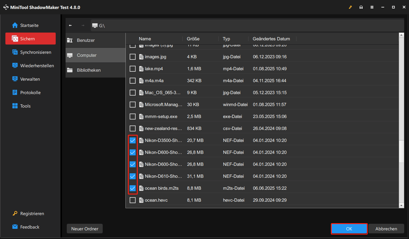 Markierung der zu sichernden Dateien und der Schaltfläche OK in MiniTool ShadowMaker.