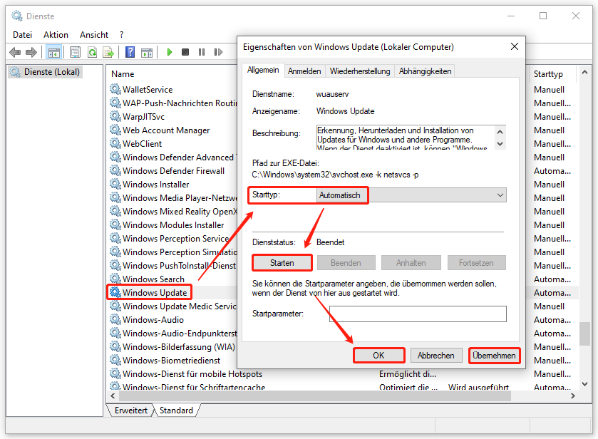 Ein Screenshot zum Neustart des Windows Update-Dienstes im Fenster Dienste.
