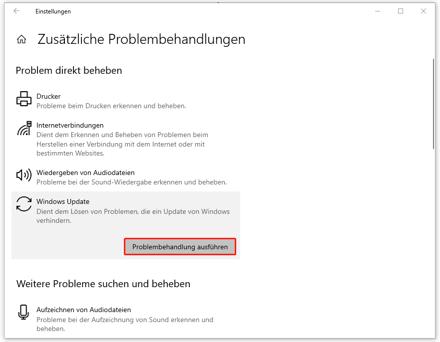 Markierung der Schaltfläche Problembehandlung ausführen neben der Option Windows Update.