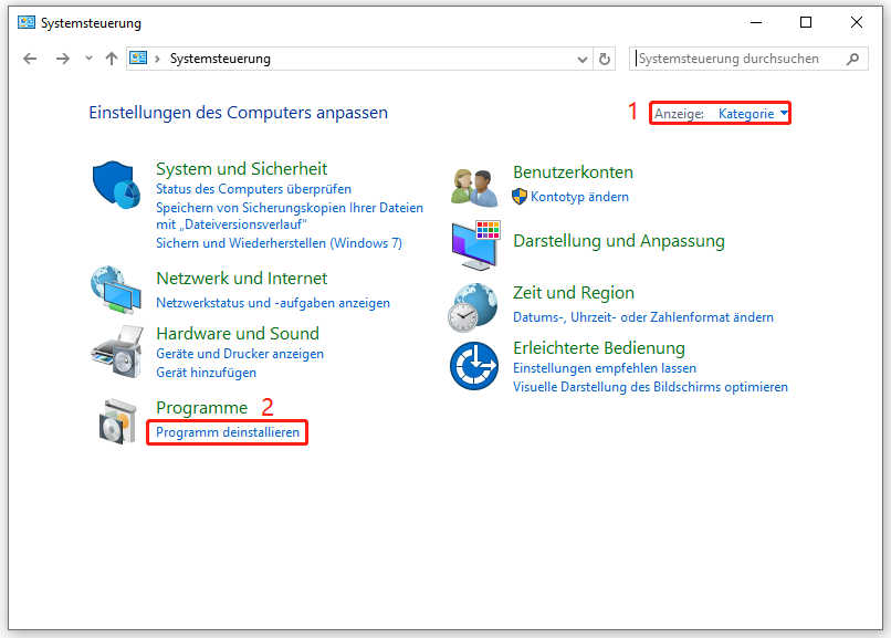 Markierung der Option Programm deinstallieren in der Systemsteuerung.
