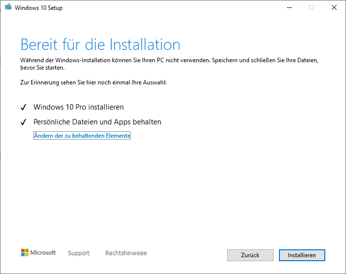 Markierung der Option Persönliche Dateien und Apps behalten.