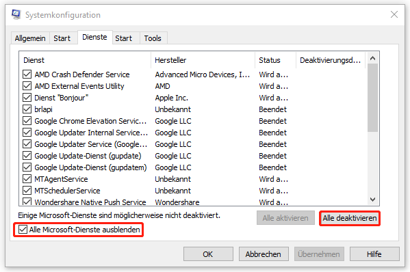 Markierung der beiden Optionen Alle Microsoft-Dienste ausblenden und Alle Deaktivieren in der Systemkonfiguration.