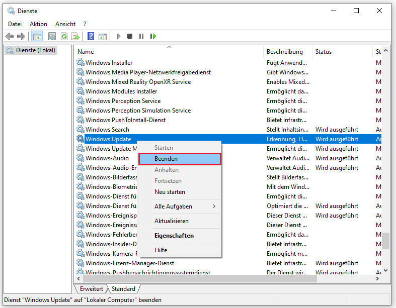 Hervorhebung des Windows Update-Dienstes und Markierung der Option Beenden.