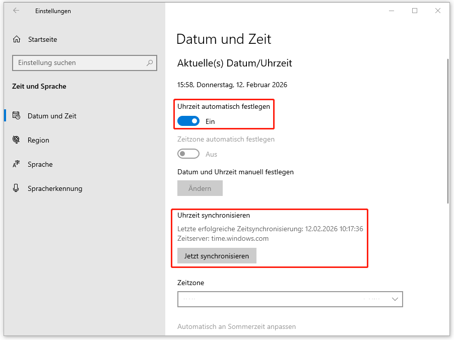Ein Screenshot zum Aktivieren der Option Uhrzeit automatisch festlegen in den Windows-Einstellungen.