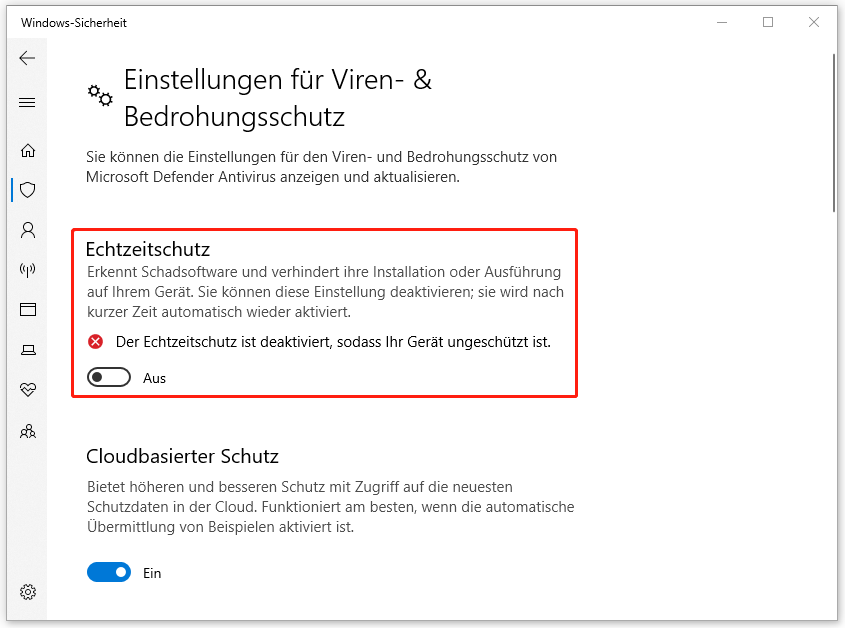 Ein Screenshot zum Deaktivieren der Option Echtzeitschutz.