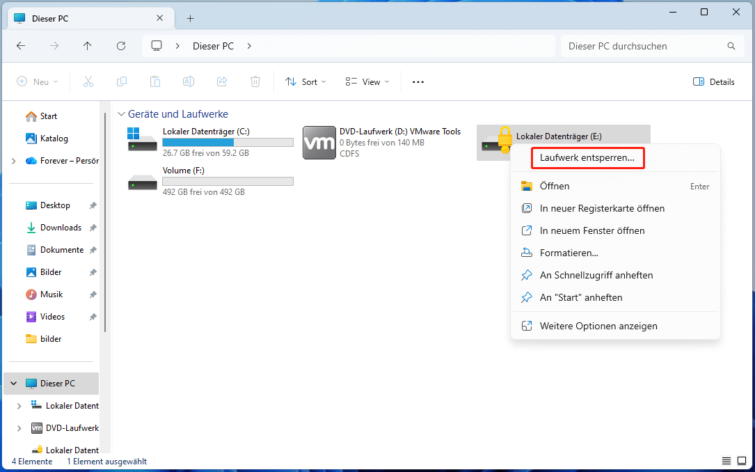 Wählen Sie Laufwerk entsperren in dem Datei-Explorer.