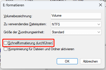 Vollständige Formatierung eines Laufwerks mit der Datenträgerverwaltung.