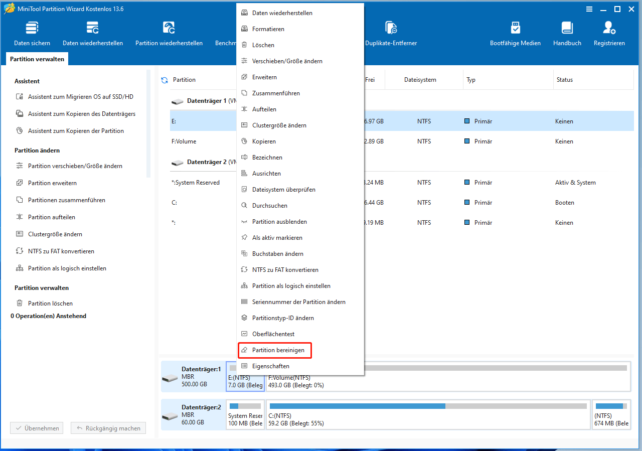 Wählen Sie Partition bereinigen in MiniTool Partition Wizard.
