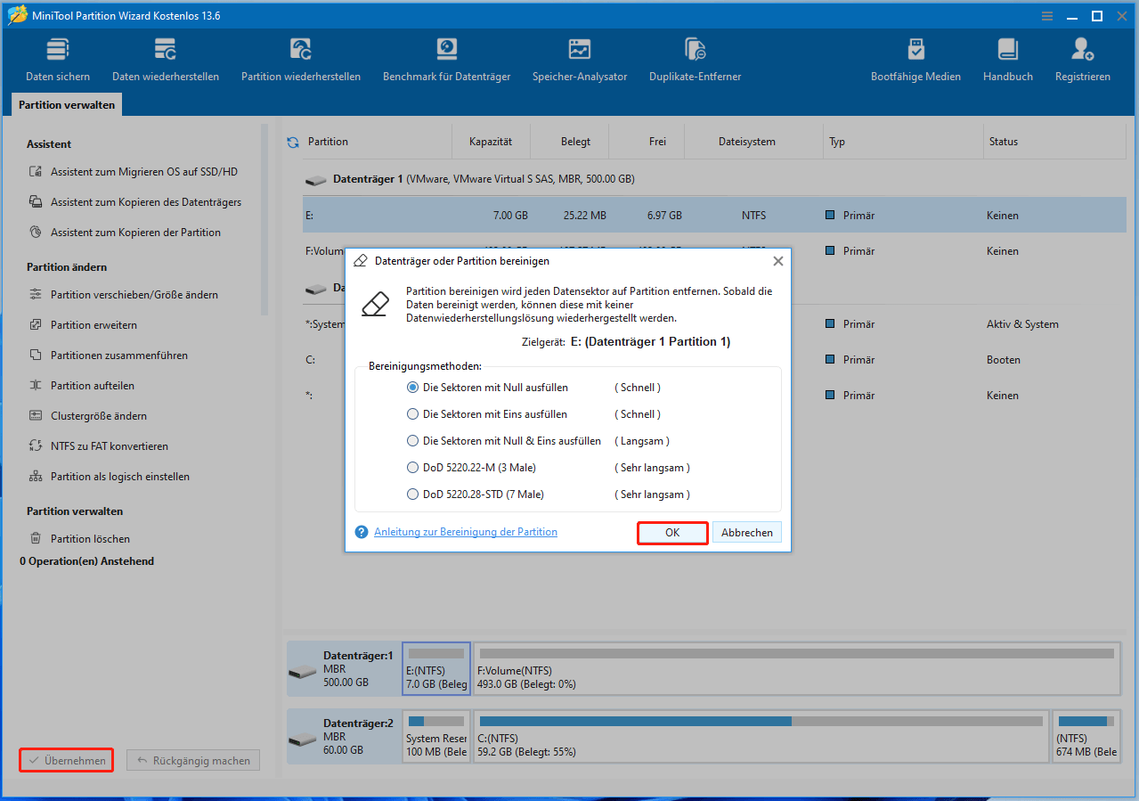 Löschen eines Laufwerks mit MiniTool Partition Wizard.