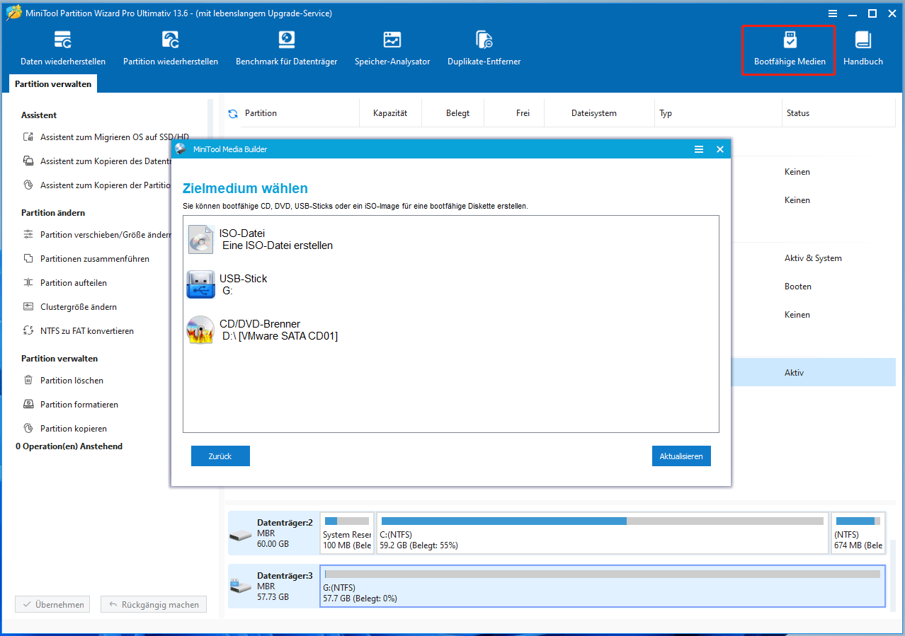 Klicken Sie auf Bootfähige Medien in MiniTool Partition Wizard.