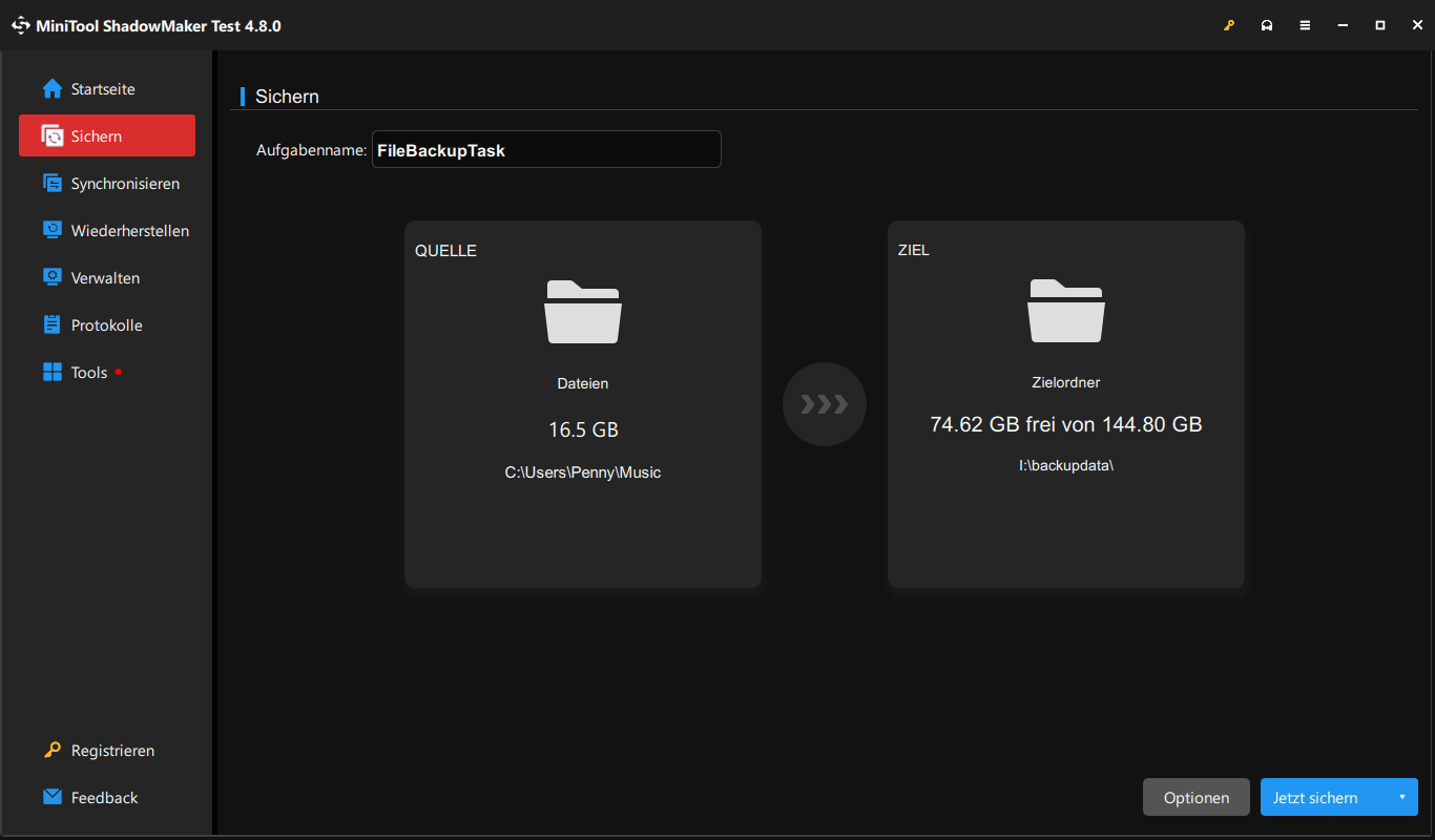 Klicken Sie in MiniTool ShadowMaker auf Jetzt sichern.