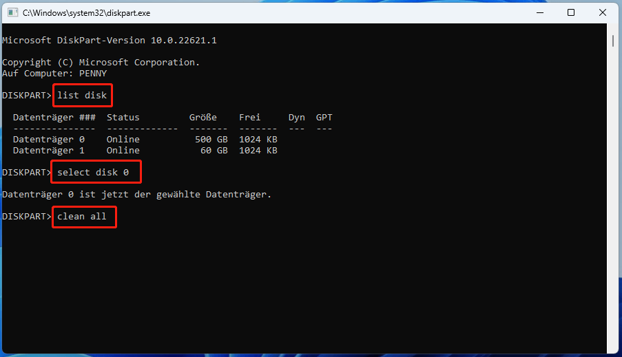 Eine Festplatte mit Befehlen in Diskpart löschen.