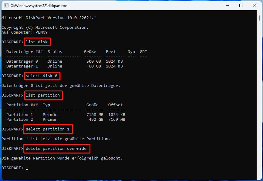 Löschen einer Partition mit Diskpart.