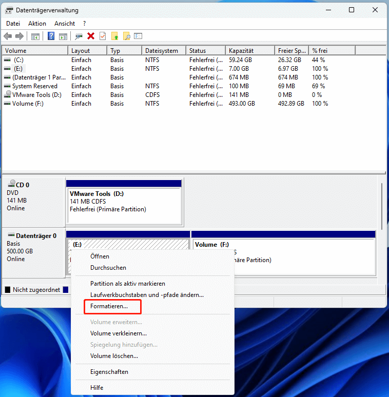 Wählen Sie Formatieren für das BitLocker-Laufwerk in der Datenträgerverwaltung.