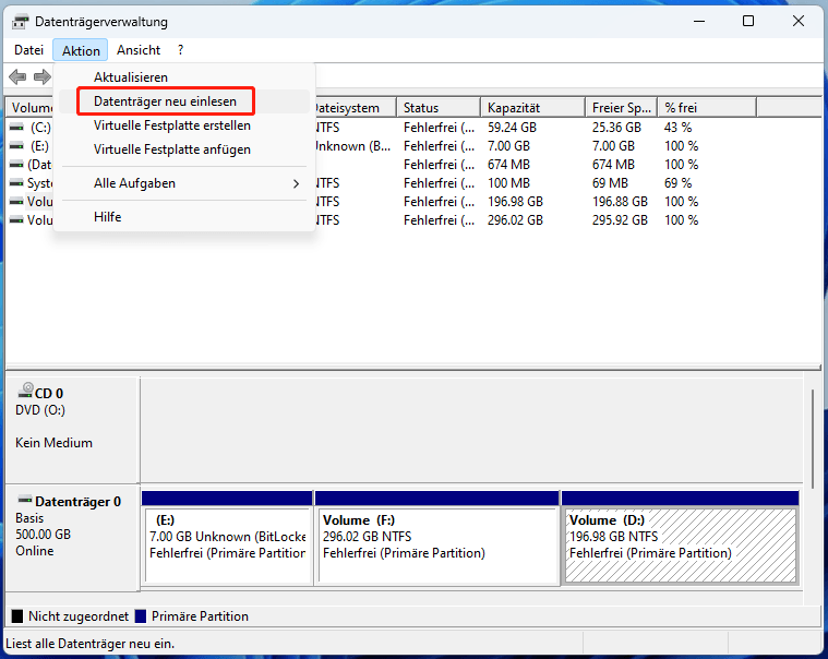 Die Benutzeroberfläche der Datenträgerverwaltung mit der ausgewählten Option Datenträger neu scannen.
