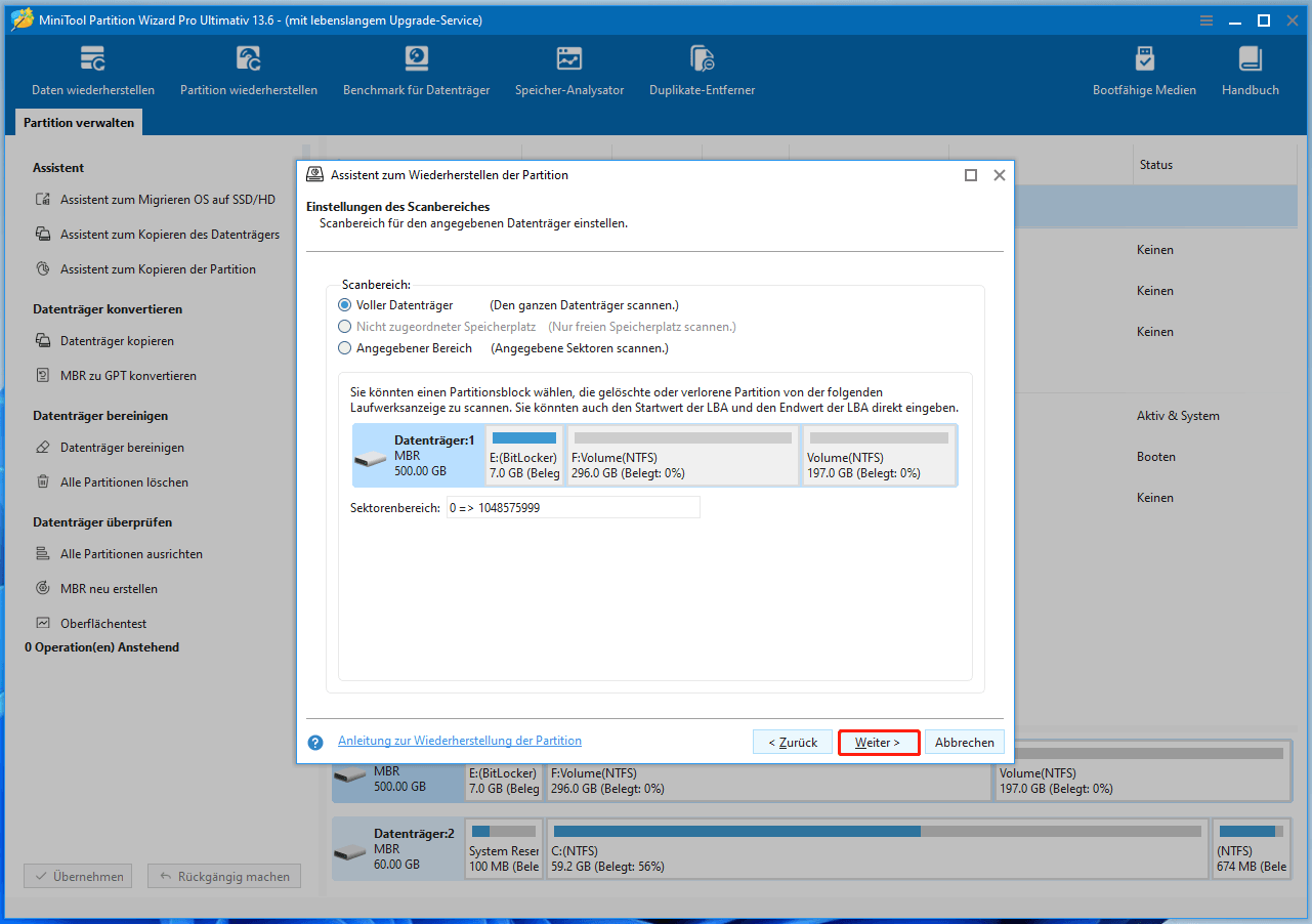 MiniTool Partition Wizard-Oberfläche mit dem Fenster Partitionswiederherstellung zur Auswahl des Scanbereichs.
