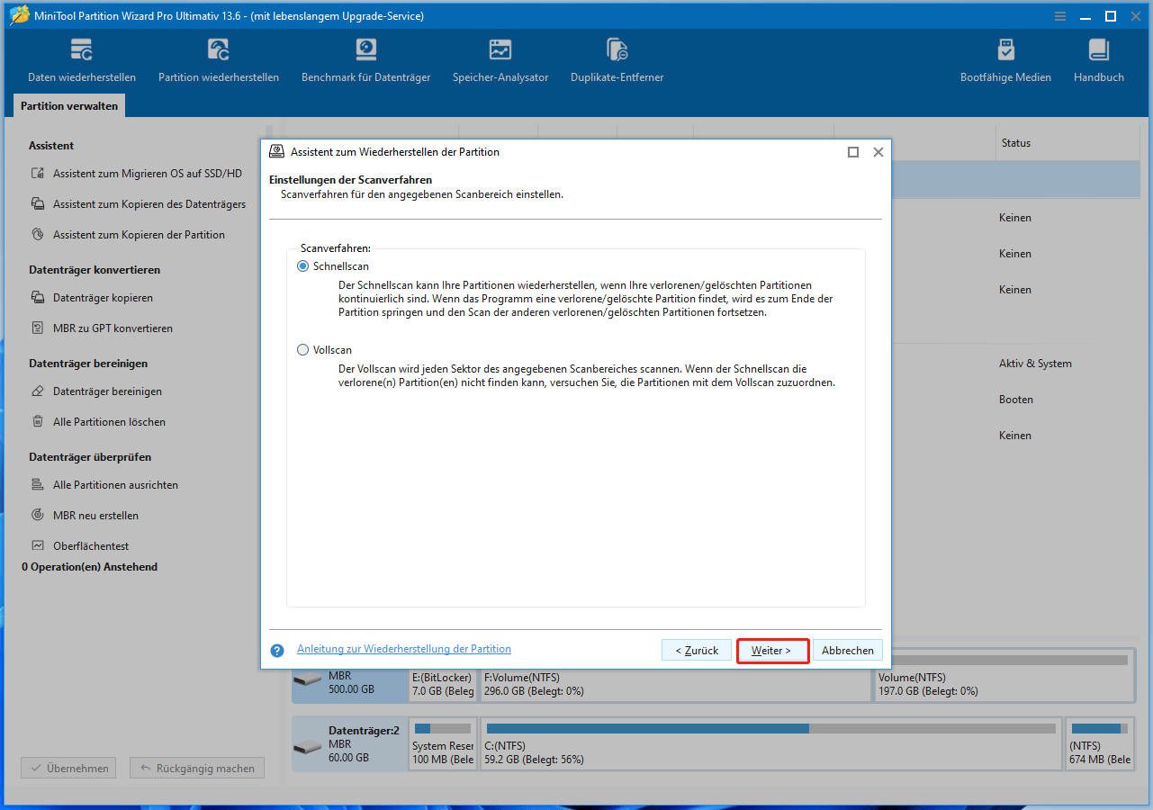 Die Benutzeroberfläche von MiniTool Partition Wizard mit dem Fenster zur Auswahl der Scanmethode für die Partitionswiederherstellung.