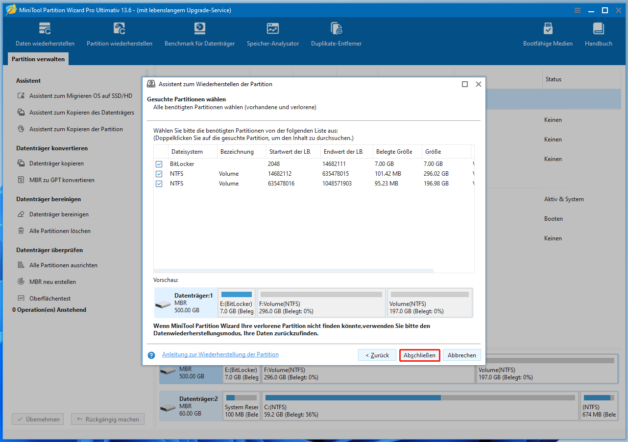 Die Benutzeroberfläche von MiniTool Partition Wizard mit dem Fenster zur Auswahl der wiederherzustellenden Partitionen.