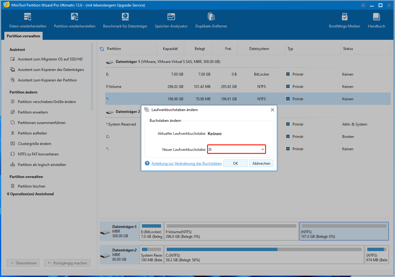 Benutzeroberfläche von MiniTool Partition Wizard mit dem Fenster zur Zuweisung eines Laufwerksbuchstabens.