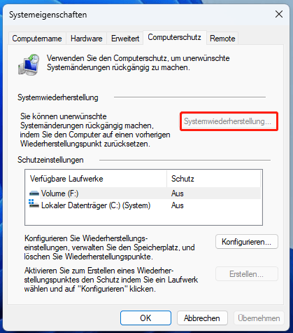Die Benutzeroberfläche der Systemeigenschaften mit der ausgewählten Option Systemwiederherstellung.