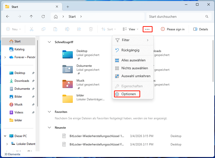 Startseite des Windows 11-Datei-Explorers mit den ausgewählten Optionen.