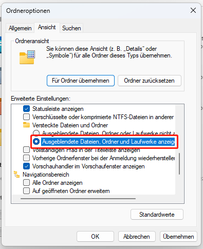 Die Benutzeroberfläche der Ordneroptionen mit den ausgewählten versteckten Dateien, Ordnern und Laufwerken.