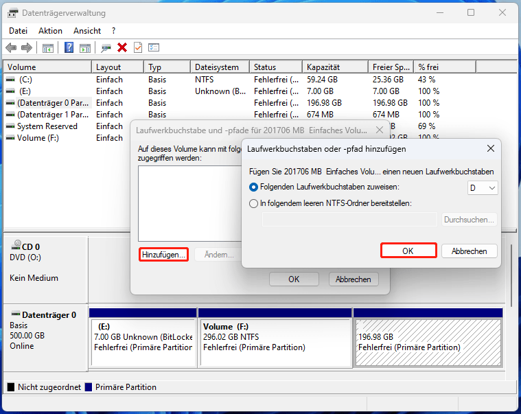 Die Benutzeroberfläche von Laufwerksbuchstaben oder Pfad hinzufügen mit der ausgewählten Option Laufwerksbuchstaben zuweisen.