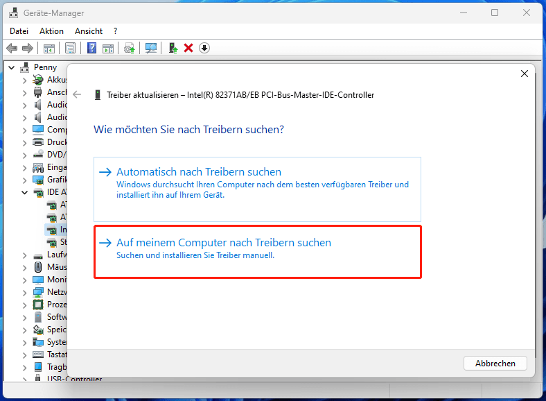 Die Benutzeroberfläche des Geräte-Managers mit der ausgewählten Option Auf dem Computer nach Treibern suchen.