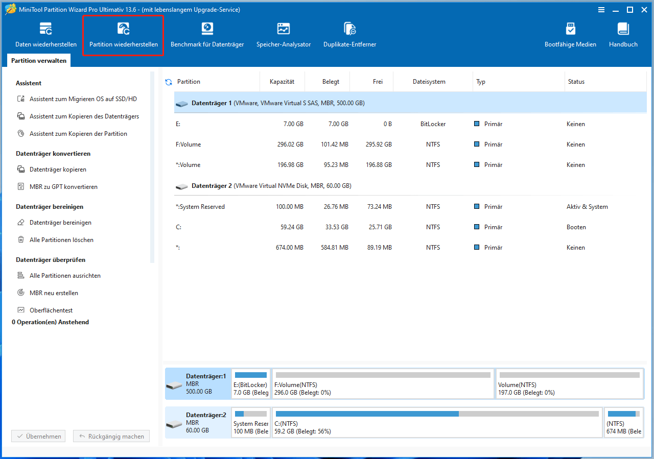 Die ausgewählte Option Partitionswiederherstellung in der Benutzeroberfläche von MiniTool Partition Wizard.