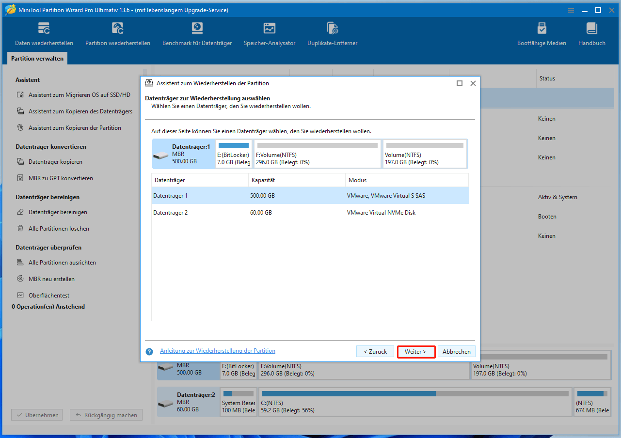Benutzeroberfläche von MiniTool Partition Wizard mit dem ausgewählten Datenträger.