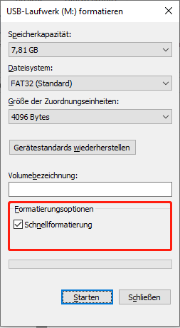 Anzeige der Formatoptionen unter Windows.