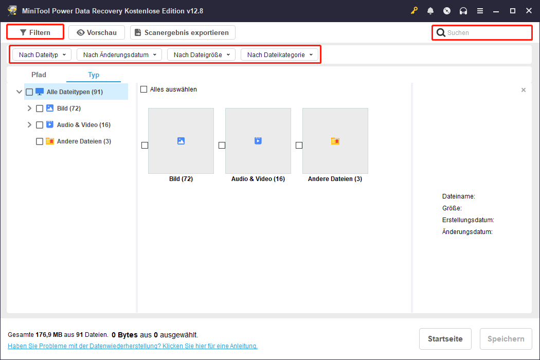 Die Funktionen Filtern und Suchen in MiniTool Power Data Recovery.