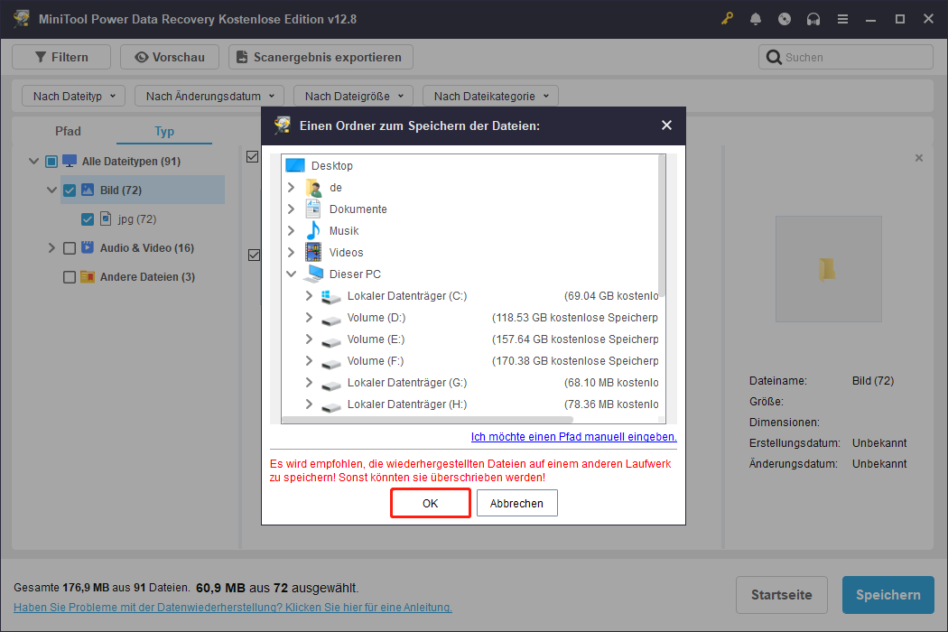 Auswählen eines Speicherorts und anschließendes Klicken auf OK zum Wiederherstellen der gewünschten Dateien in MiniTool Power Data Recovery.