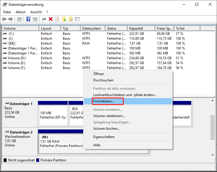 Auswahl der Funktion Formatieren in Datenträgerverwaltung.