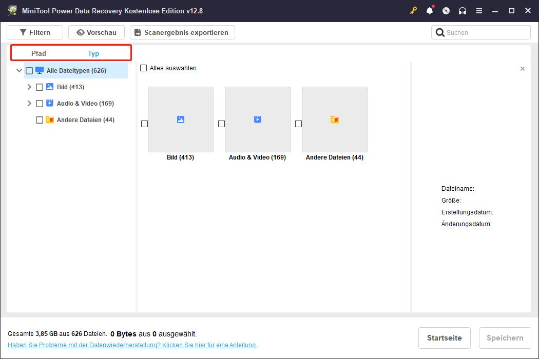 Anzeige der Funktionen Path und Typ in MiniTool Data Recovery.