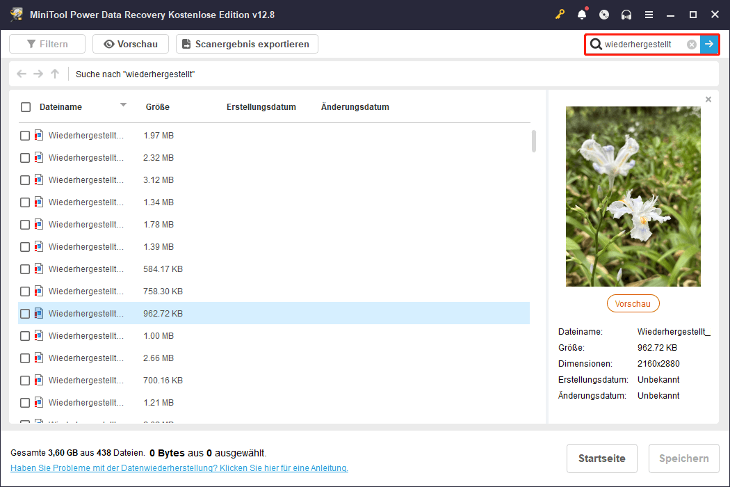 Anzeige der Suchfunktion von MiniTool Power Data Recovery.