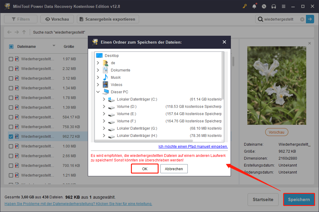Speichern der ausgewählten Dateien in MiniTool Power Data Recovery.