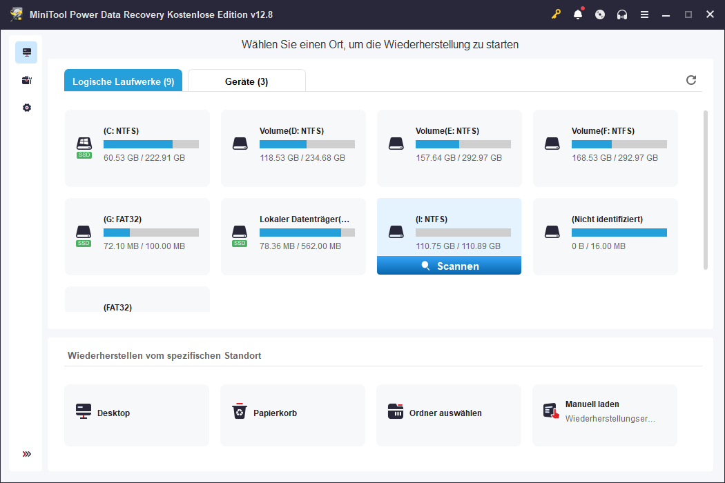 Auswahl des Ziellaufwerks zum Scannen in MiniTool Power Data Recovery.
