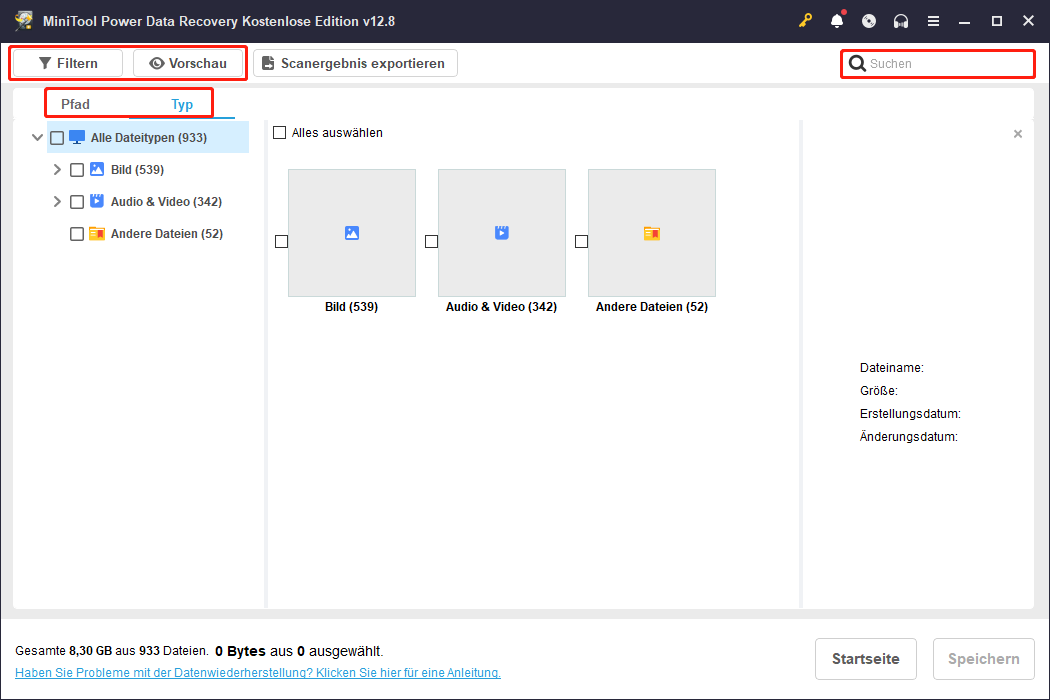 Die Funktionen Filtern, Pfad, Typ und Suchen in MiniTool Power Data Recovery.