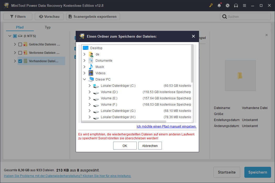 Auswahl eines Verzeichnisses zum Speichern von Dateien in MiniTool Power Data Recovery.