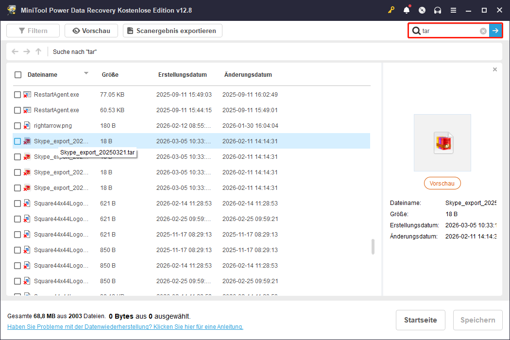 Suchen Sie nach der main.db oder .tar exportierten Datei in MiniTool Power Data Recovery.