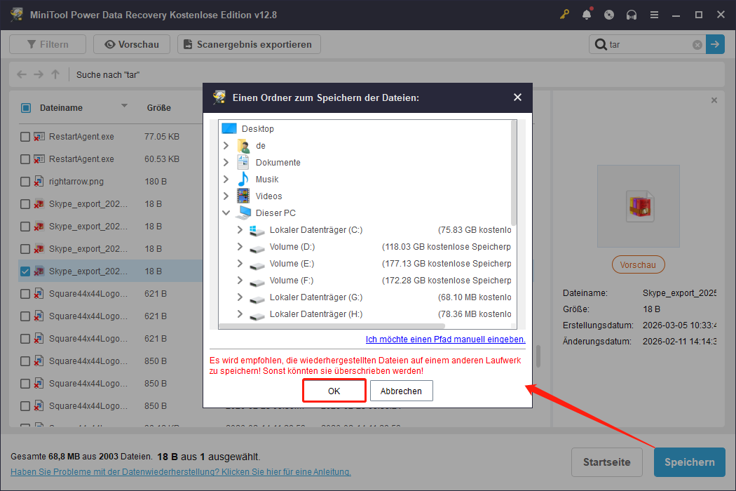 Klicken Sie auf die Schaltfläche Speichern und wählen Sie einen geeigneten Speicherort aus, um die wiederhergestellten Dateien über MiniTool Power Data Recovery zu speichern.