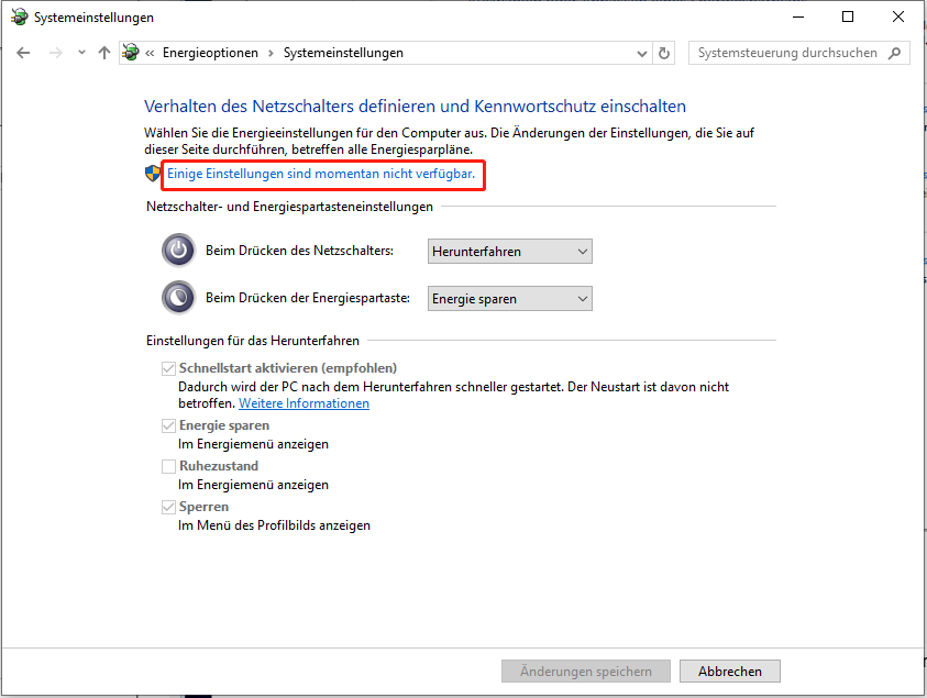 Klicken auf die Option Einige Einstellungen sind momentan nicht verfügbar.