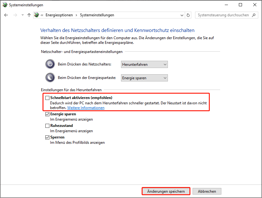 Deaktivieren der Option Schnellstart aktivieren (empfohlen) und anschließendes Klicken auf Änderungen speichern.